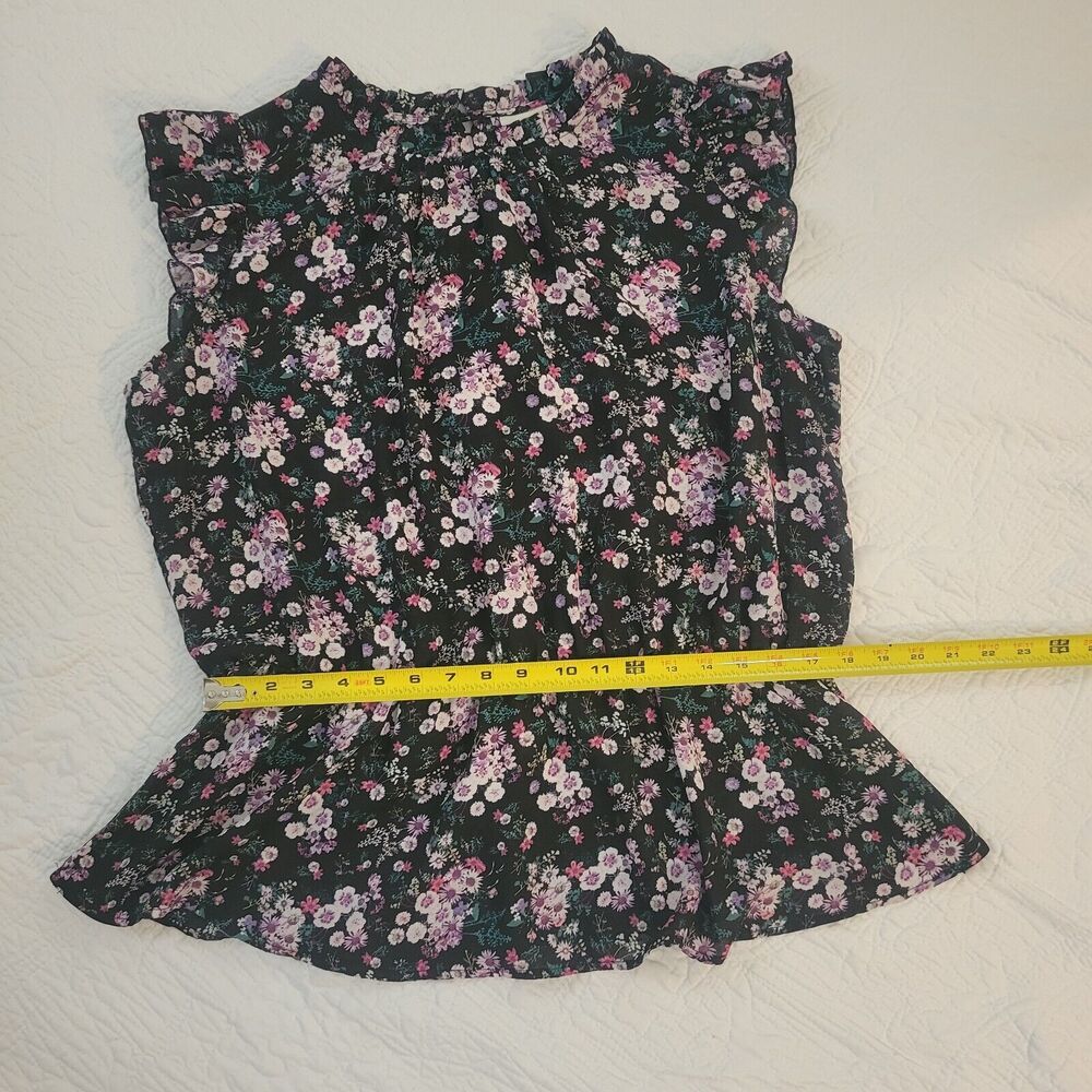 Janet Chung Peplum Floral Chiffon Top Black Purple Pink Flowers Ruffle Sleeve 2X - Picture 8 of 13
